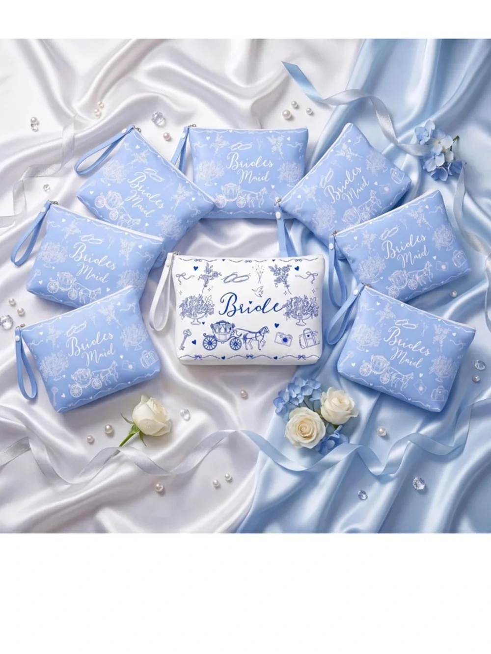 Bridesmaids Cosmetic Pouches- Blue and White with Handle